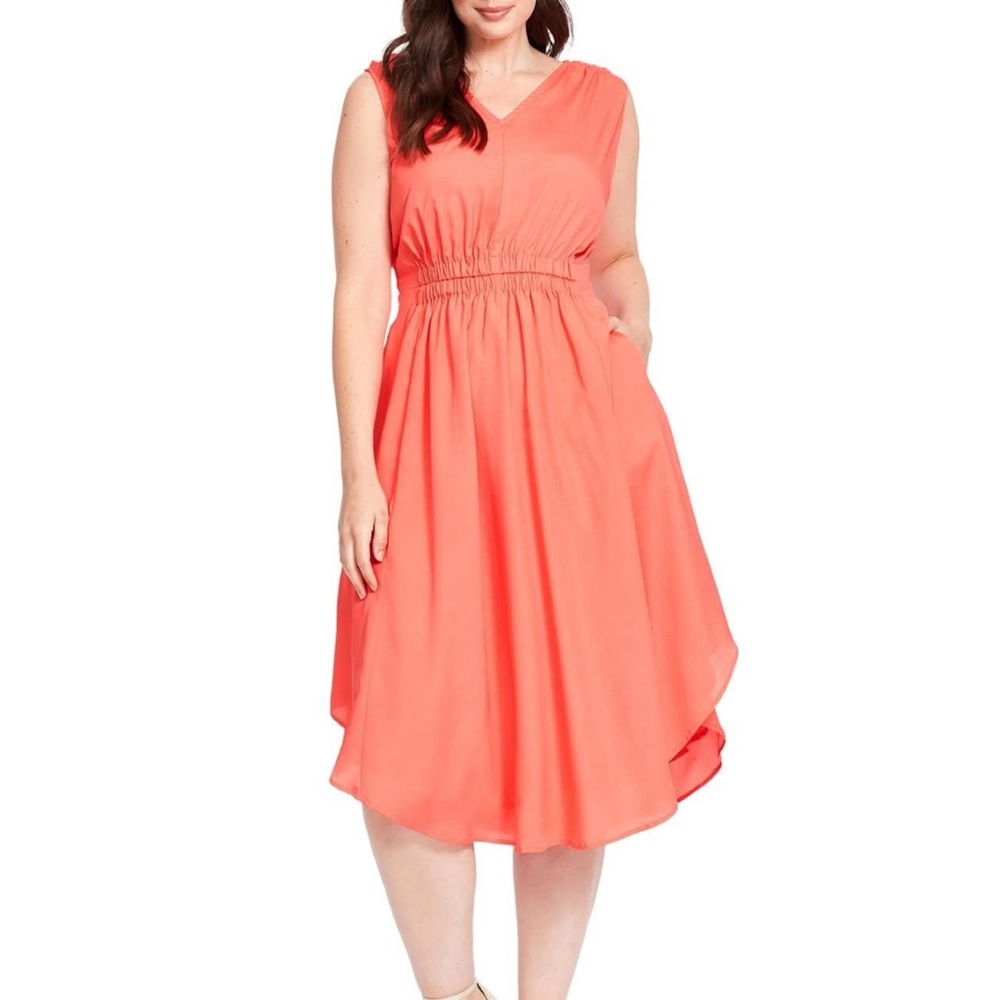 eShakti Coral ruched Waist shirttail Midi Dress